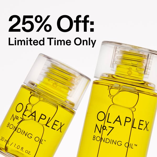 This image ad for Olaplex features two bottles of No. 7 Bonding Oil against a plain white background, highlighting a lim
