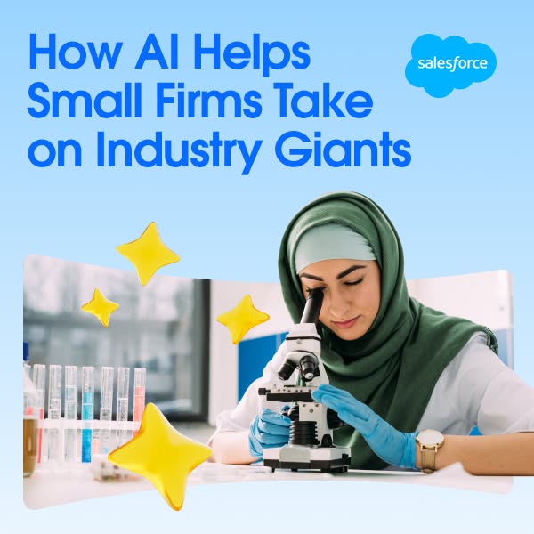 This ad promotes Salesforce as a tool to help small firms compete with industry giants by leveraging AI.