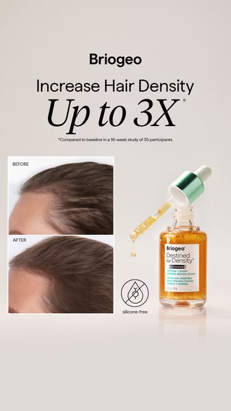 This ad demonstrates that the Briogeo Destined for Density serum can increase hair density by up to 3x. Two before-and-a