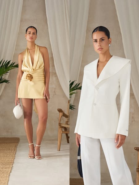This ad features a split-screen layout showcasing two outfits from the same brand. On the left, a gold halter dress is p