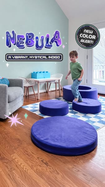 This ad showcases the Nebula colored Nugget set as a fun play environment for children. It highlights the new color opti