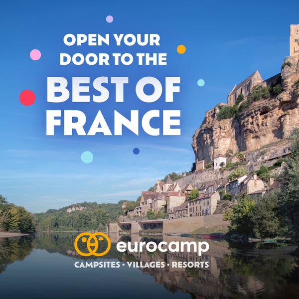 This image ad for Eurocamp promotes vacations in France. The ad features a scenic view of a French village and the headl