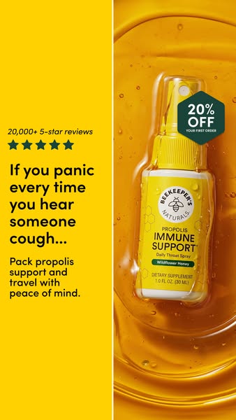 This ad for Beekeeper's Naturals Propolis Immune Support Daily Throat Spray uses an image of the product immersed in