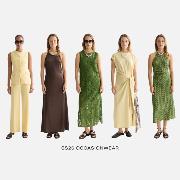 The ad showcases a line of dresses, all in muted tones. The dresses are displayed on individual models who are all stand