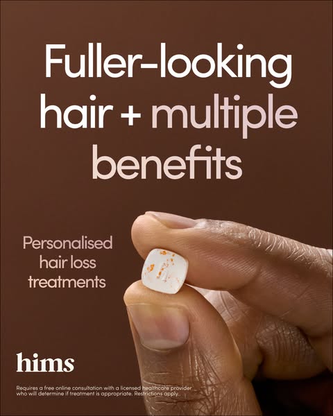 This image ad by Hims promotes their personalized hair loss treatments by highlighting the potential for fuller-looking 