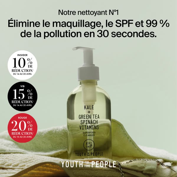 This image ad highlights the Youth To The People cleanser product. It leads with the product's function of eliminati