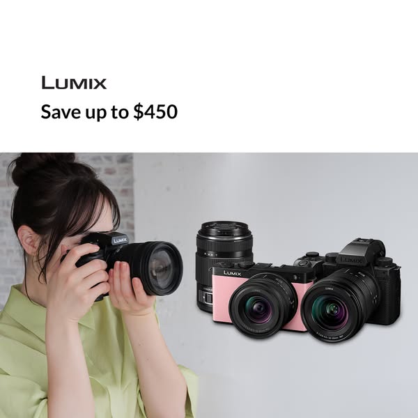 This ad presents Lumix cameras and highlights that customers can save up to $450.