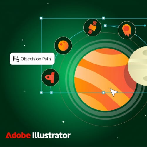 This ad demonstrates how to use the 'Objects on Path' tool within Adobe Illustrator. The ad features a visual of