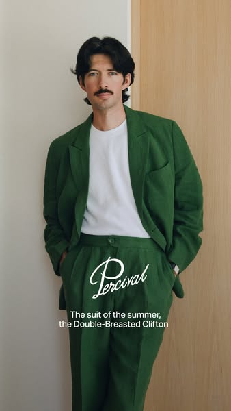 This image ad for Percival promotes the Double-Breasted Clifton suit as the suit of the summer. The ad features a man we