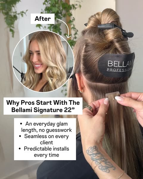 This ad features a before and after transformation of a woman with blonde wavy hair using Bellami Signature 22" hai