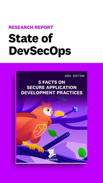 The ad promotes Datadog's research report on the state of DevSecOps. The image features the report cover which inclu