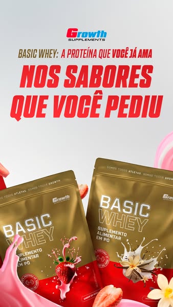 This ad promotes Growth Supplements' Basic Whey protein powder, emphasizing its delicious flavors, which are strawbe