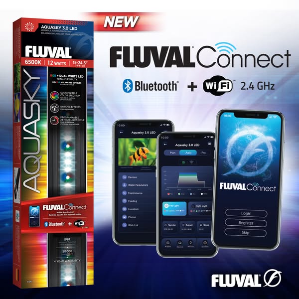 This ad showcases the Fluval Aquasky 3.0 LED aquarium light, highlighting its features and connectivity through the Fluv