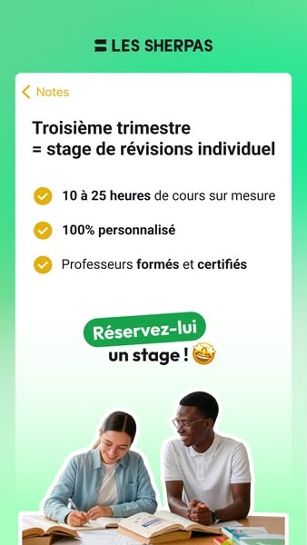 The ad features a mobile phone screenshot of the Notes app displaying the features for Les Sherpas study support, and a 
