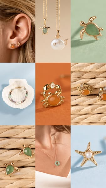 This ad features nine different ocean-themed jewelry pieces in a three-by-three grid.
