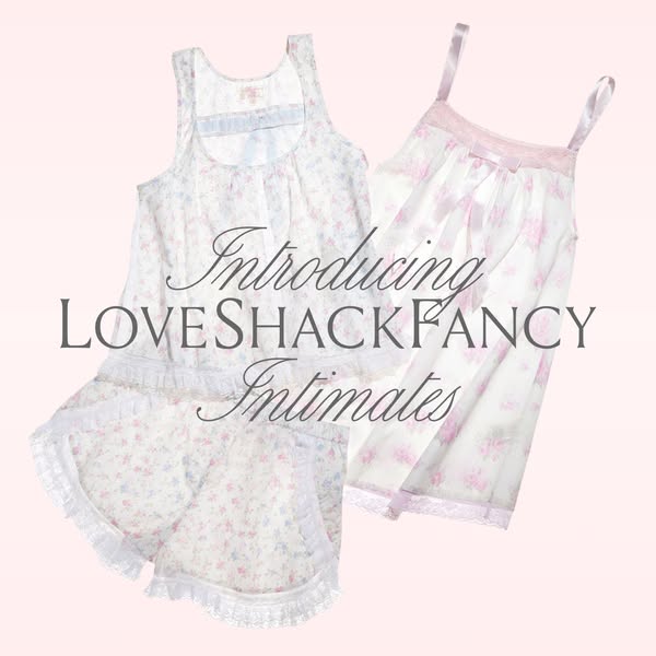 This image ad showcases two lingerie sets from LoveShackFancy Intimates against a pale pink background. The headline &qu