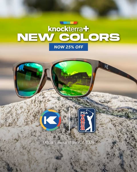 This is an image ad for Knockterra sunglasses that are new colors and now 25% off. Knockterra is the official eyewear of