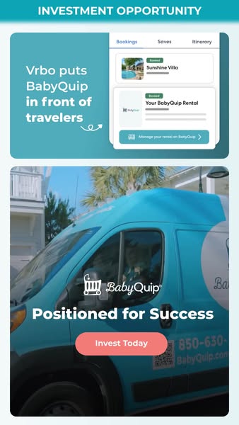 This ad promotes BabyQuip as an investment opportunity. It highlights Vrbo's partnership with BabyQuip, emphasizing 