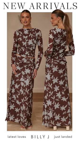 This ad features two women modeling matching floral print top and skirt sets from Billy J to showcase new arrivals.