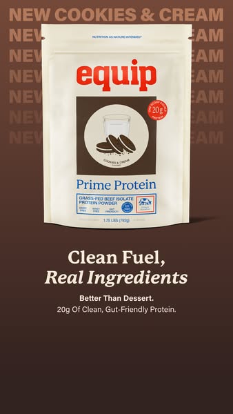 This Meta image ad for Equip features its Prime Protein powder in a new cookies and cream flavor. The ad calls out the p