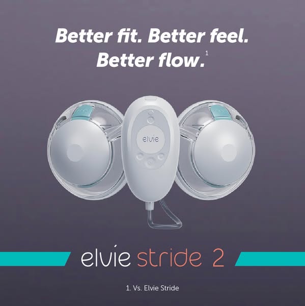 This ad is for the Elvie Stride 2 breast pump, highlighting the product’s improved fit, feel, and flow compared to the o