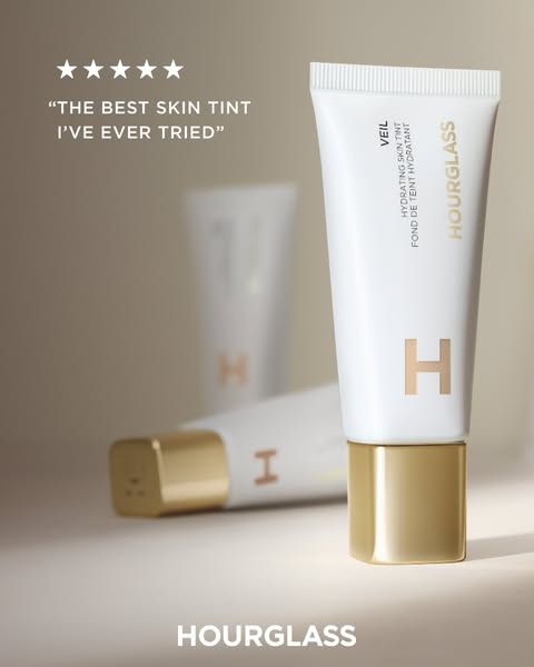 This ad features Hourglass Veil Hydrating Skin Tint. The ad uses a testimonial to highlight the product's quality an