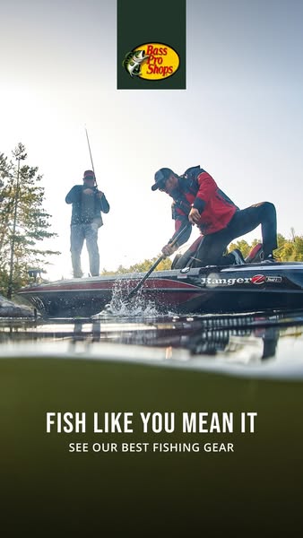 This image ad for Bass Pro Shops features two men fishing on a lake. The ad encourages viewers to 'Fish Like You Mea