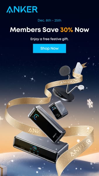 This ad promotes Anker's holiday sale, offering members a 30% discount and a free festive gift. The ad features a ra