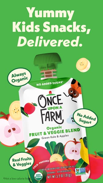 This image ad for Once Upon a Farm kids' snacks features an image of a packaged fruit and veggie blend surrounded by