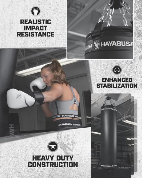This ad showcases the Hayabusa brand's heavy bag, highlighting its realistic impact resistance, enhanced stabilizati