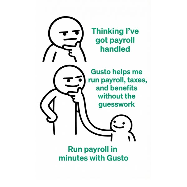 This ad for Gusto uses a simple drawing to illustrate the pain point of confusing payroll and the benefit of using Gusto
