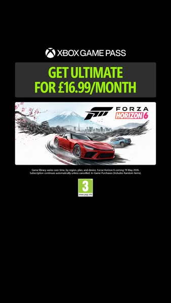 The ad for XBOX Game Pass shows the Forza Horizon 6 video game. The ad highlights the value proposition of getting ultim