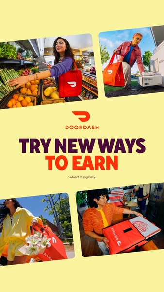 This ad for DoorDash uses a grid layout to showcase different people using DoorDash to earn money. The ad highlights the