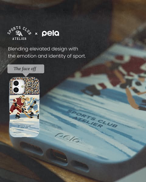 This ad showcases a collaboration between Sports Club Atelier and Pela, featuring an iPhone case with a hockey-themed de