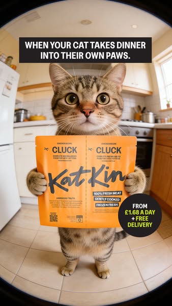 This image ad features a tabby cat holding a package of KatKin cat food. The ad highlights the brand's fresh ingredi