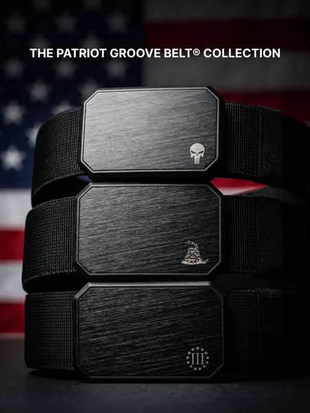 The image ad showcases the Patriot Groove Belt collection, emphasizing its patriotic theme through visual elements like 
