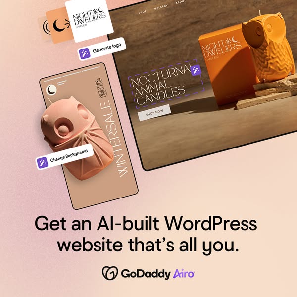 This ad promotes GoDaddy Airo, an AI-powered WordPress website builder. The ad features a website design for a candle co