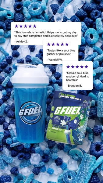 This ad features a vibrant display of GFUEL's Sour Chug energy formula, with multiple product formats displayed alon