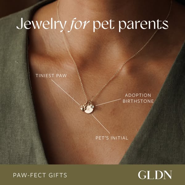 This ad showcases a gold necklace with charms that can be personalized for pet owners. The ad highlights the ability to 
