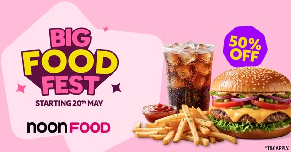 This ad promotes Noon Food's Big Food Fest, offering a 50% discount. It features images of a burger, fries, and a dr