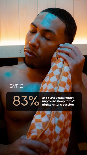 This image ad for SWTHZ highlights that 83% of sauna users report improved sleep for 1-2 nights after a session, featuri