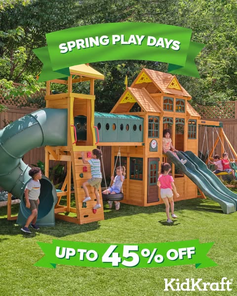 This image ad is promoting KidKraft playsets with a discount offer. The ad shows kids playing on a large playset in a ba