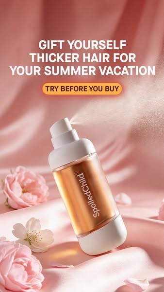 This image ad promotes SpoiledChild hair thickening product with a focus on vacation travel and an incentive to try the 