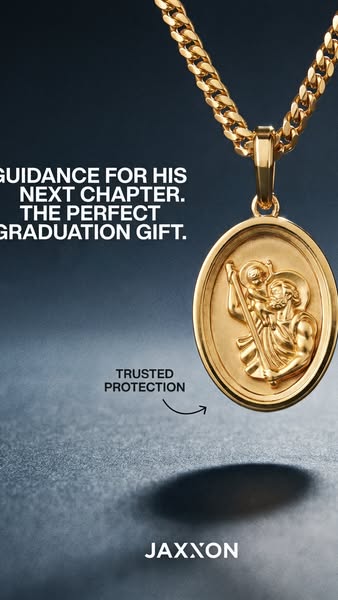 This ad showcases a gold pendant as an ideal graduation gift, emphasizing its role in providing guidance and trusted pro