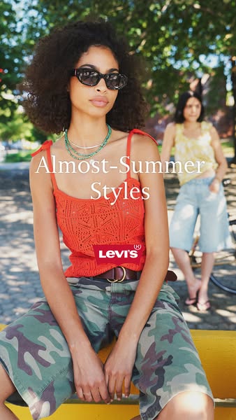 The ad features a person wearing Levi's clothing, including a top and camo shorts, and it advertises almost-summer s