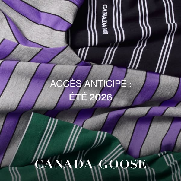 This ad features a close-up image of striped shirts from Canada Goose with a message about early access to their Summer 