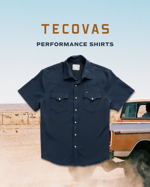 This image ad features a Tecovas performance shirt, designed for comfort and performance in outdoor conditions. The shir
