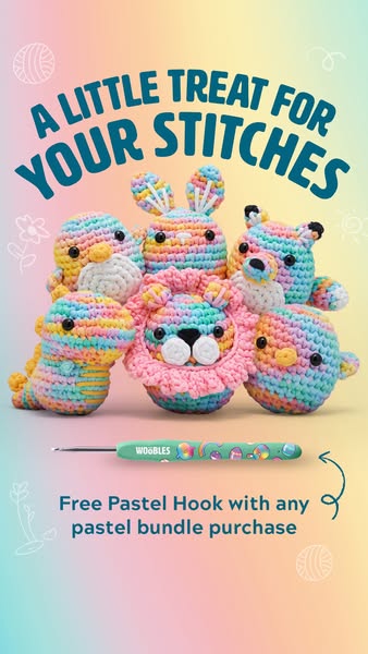 This ad showcases a collection of pastel-colored crocheted animals from Woobles, emphasizing the playful and approachabl