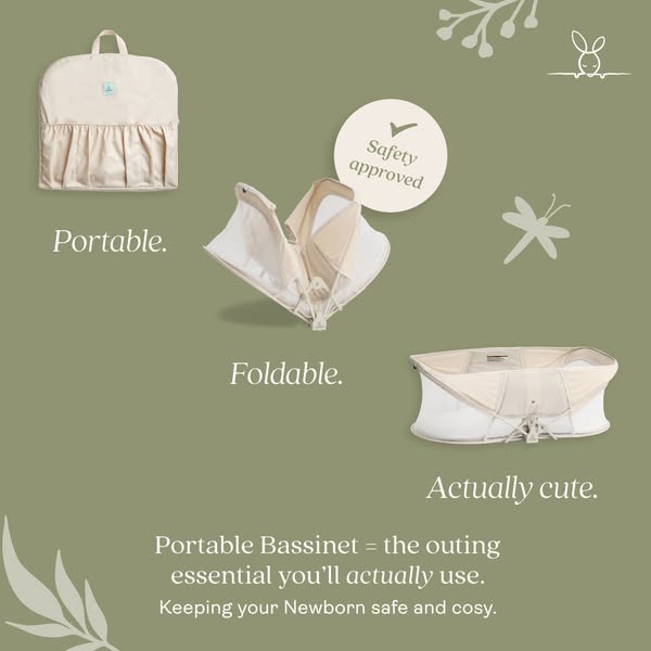 This ad showcases a portable bassinet in three different views to highlight its portability, foldable design, and stylis