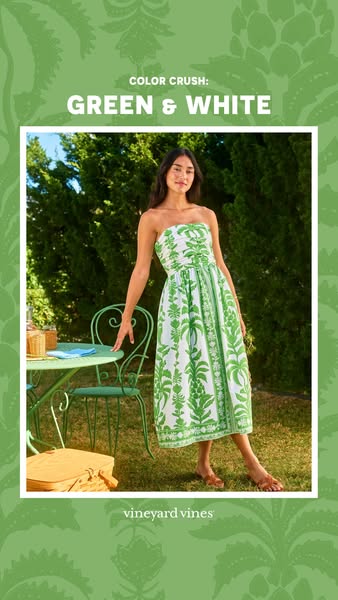 This image ad highlights a green and white patterned dress from Vineyard Vines. The ad is designed to showcase the dress